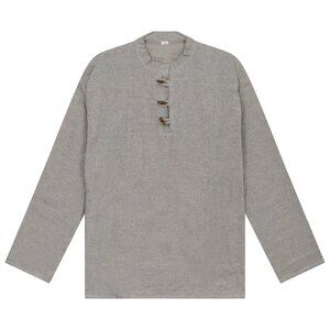 Men casual Shirt Collarless Plain Cotton LongSleeve button boho Top cotton grey